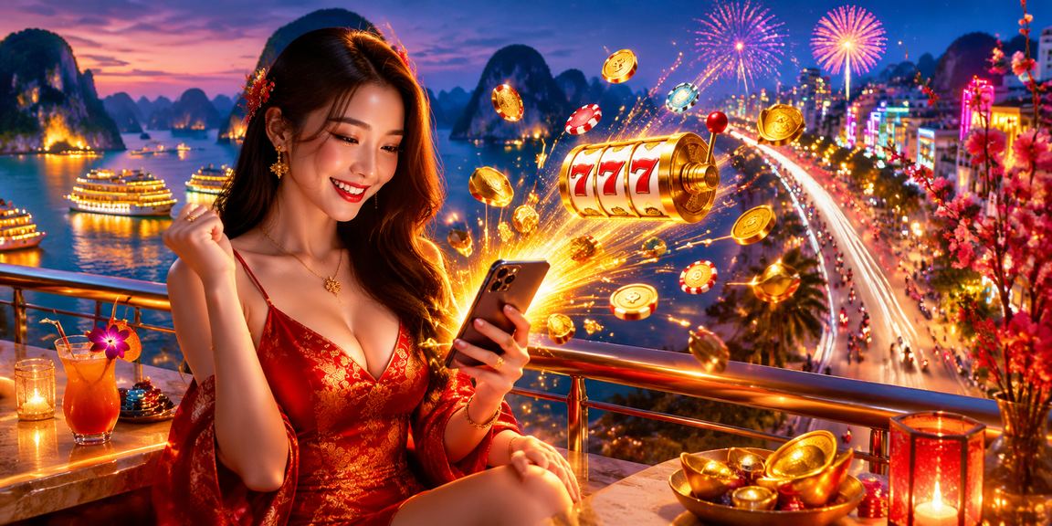 Màn hình slot game neon tại vịnh Hạ Long với hiệu ứng ánh sáng rực rỡ