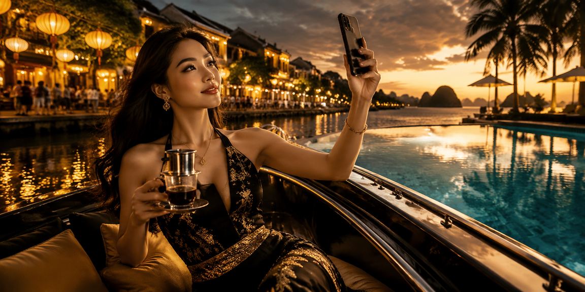 Người dùng Hội An uống cà phê và theo dõi xổ số trực tuyến trong không gian yên tĩnh